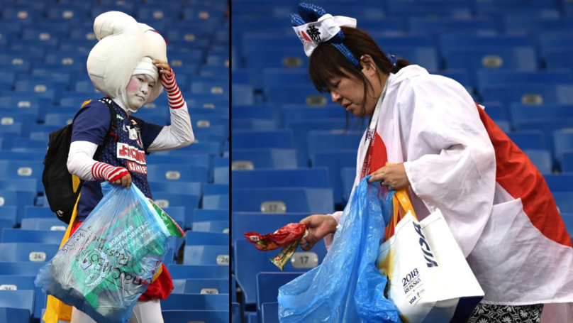9 Aksi bersih-bersih fans Jepang pasca kalah dari Belgia, salut!