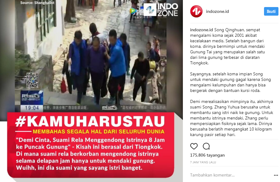 Kisah suami gendong istri usai koma 16 tahun daki gunung ini haru