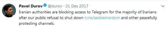 Status kekecewaan Pavel Durov CEO Telegram atas di blokir aplikasi Telegram oleh otoritas Iran
