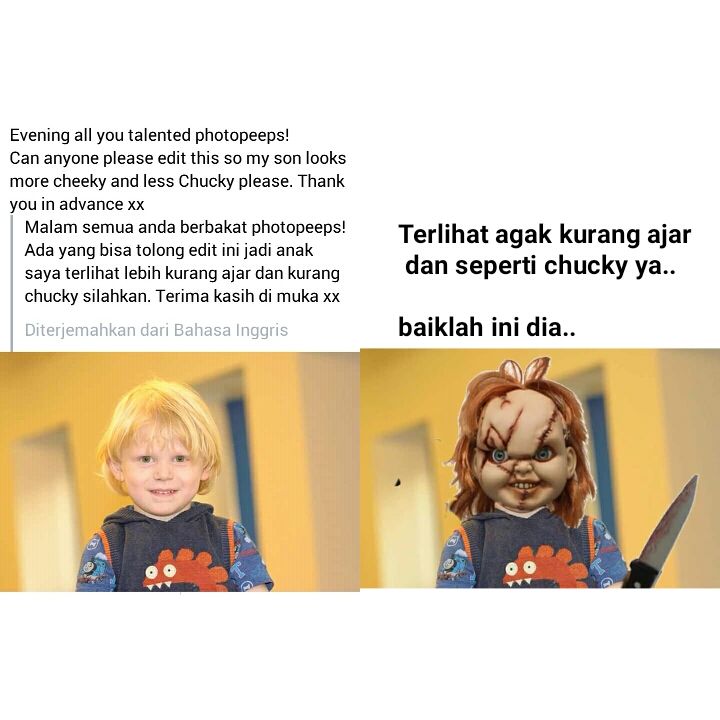 Minta mirip chucky yaudah kasih chucky nya aja