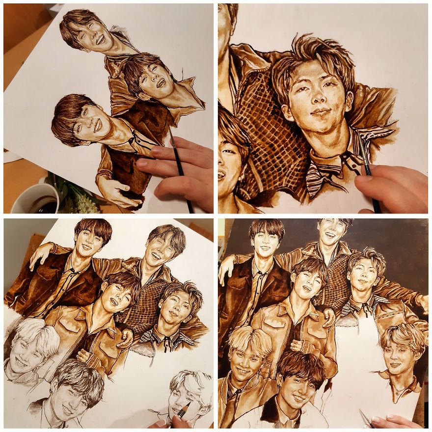 Fans BTS gambar ilustrasi tiap personel dengan kopi, hasilnya keren