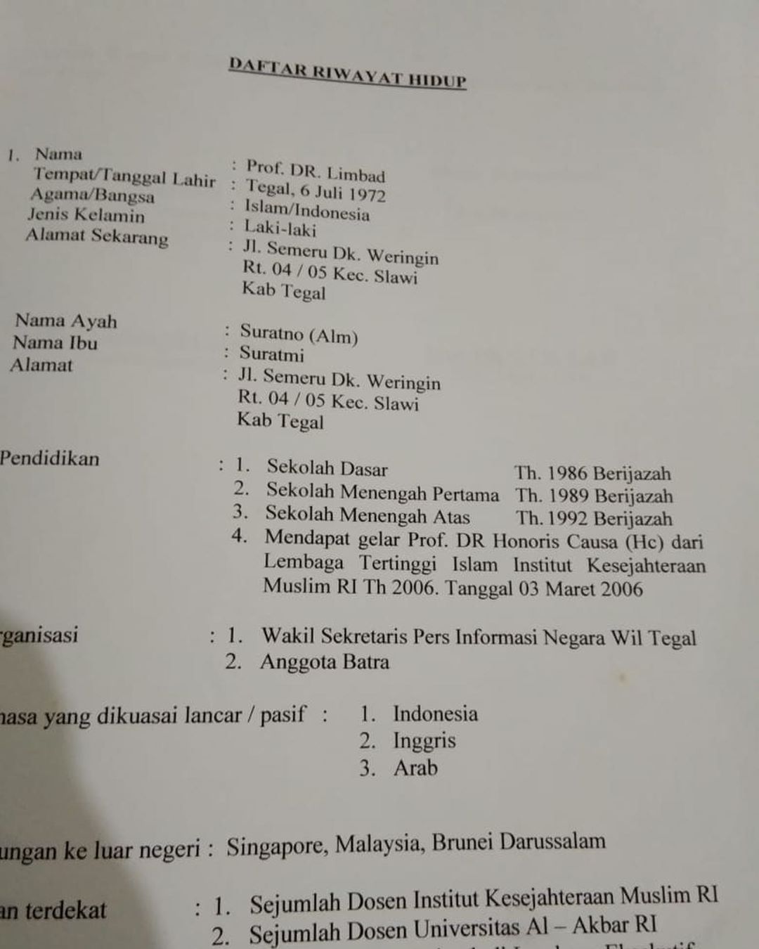 daftar riwayat hidup Master Limbad/Instagram: limbadindonesia