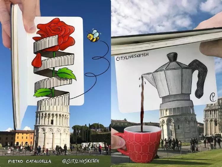 10 Karya unik ini adalah gabungan dari foto Menara Pisa dan sketsa
