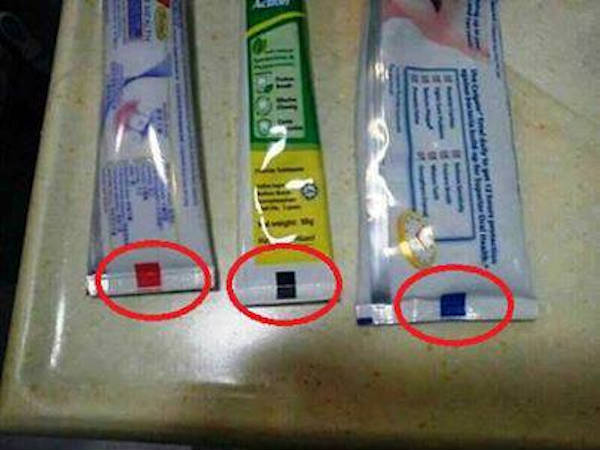 Ini rahasia tersembunyi tanda warna di bawah kemasan pasta gigi