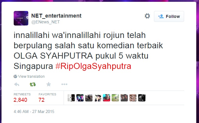 #RIPOlgaSyahputra jadi trending topic