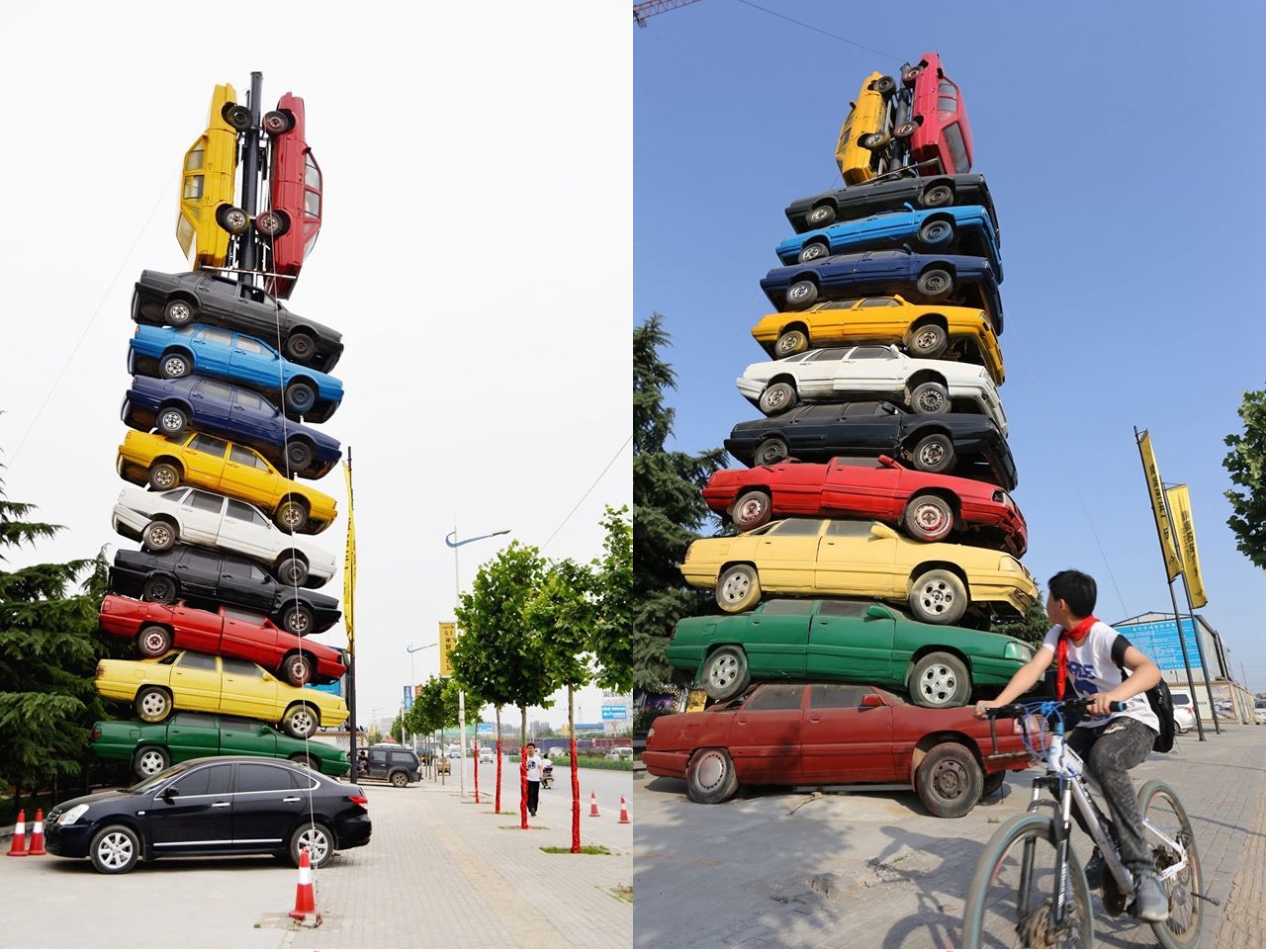 Tumpuk mobil setinggi 15 meter demi gaet pelanggan, ada-ada saja