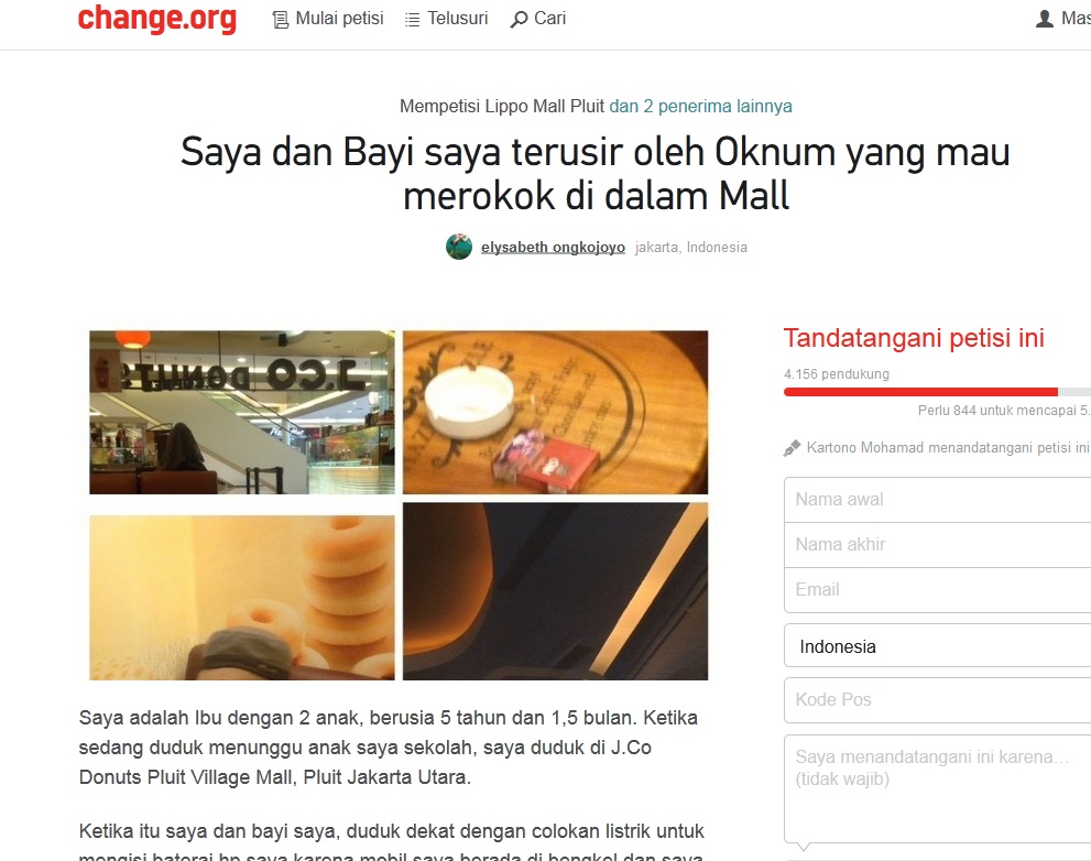Terusir dari kedai donat oleh perokok, seorang ibu tulis petisi online