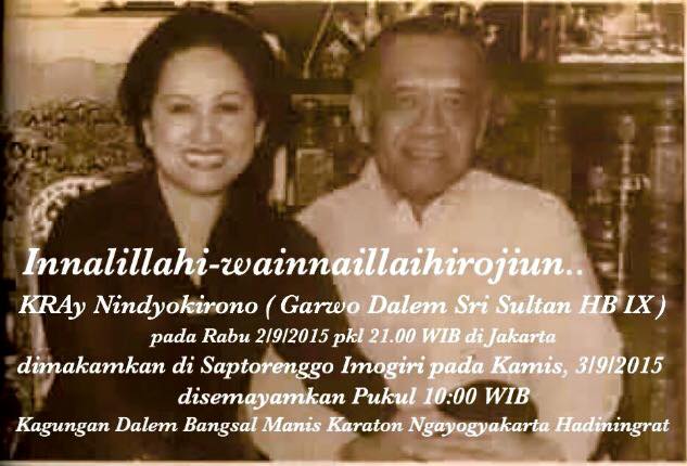 Kabar duka, KRAy Nindyokirono istri HB IX meninggal dunia