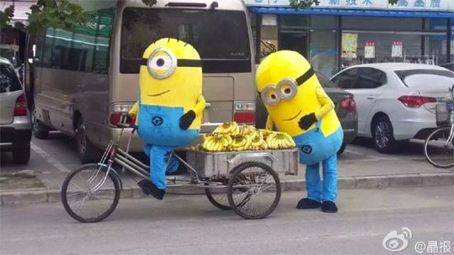 Sepasang minions jualan pisang di jalanan bikin warga gemas