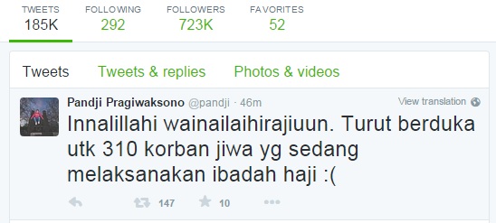 Ini kicauan sekaligus doa publik figur tentang tragedi Mina