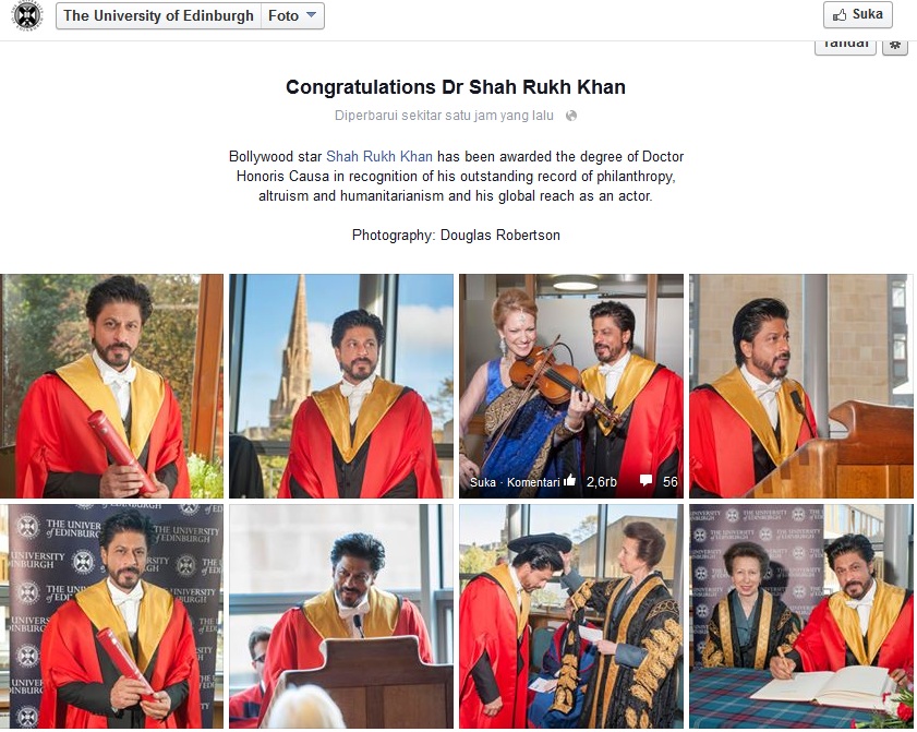 Shah Rukh Khan dapat gelar Doktor HC dari universitas di Skotlandia