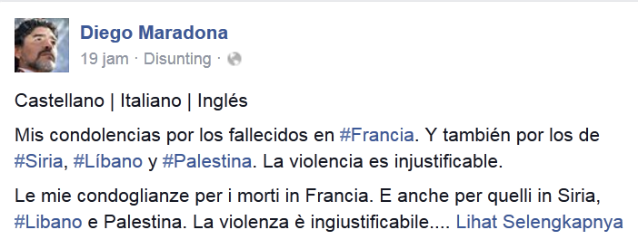 Kutuk teror Paris, Maradona tak lupa doakan Suriah dan Palestina