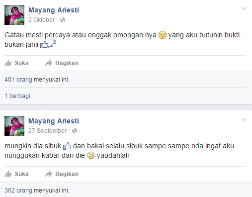 Kumpulan status FB perlihatkan Mayang Ariesti lama menahan patah hati Kumpulan status FB perlihatkan Mayang Ariesti lama menahan patah hati