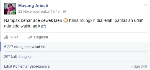 Kumpulan status FB perlihatkan Mayang Ariesti lama menahan patah hati Kumpulan status FB perlihatkan Mayang Ariesti lama menahan patah hati