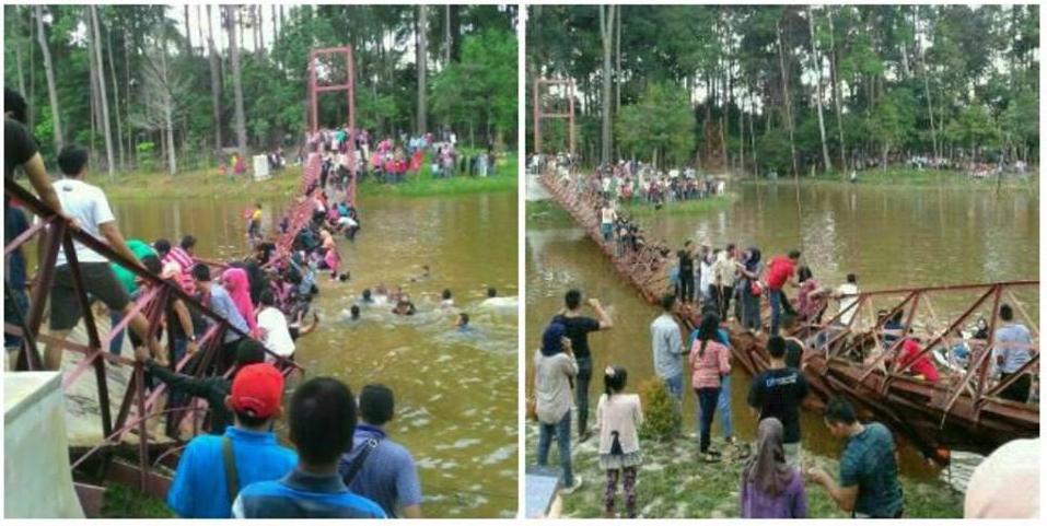 Kelebihan muatan para pengunjung doyan selfie, jembatan ini ambruk!