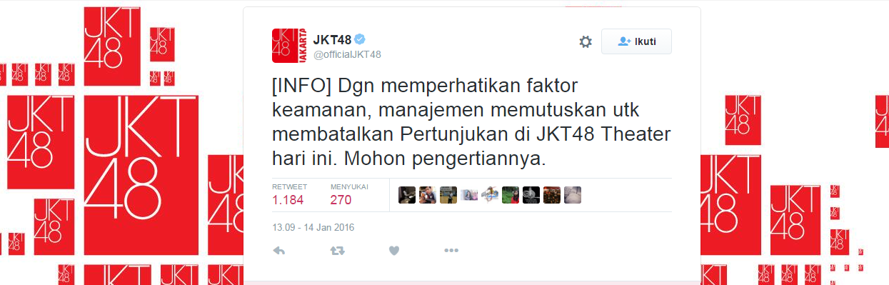 Imbas insiden Sarinah, JKT48 batalkan konser demi keamanan