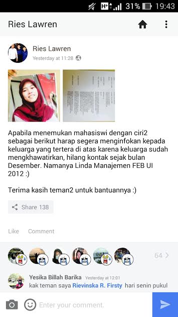 Elinda mahasiswa Manajemen UI hilang misterius