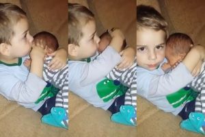 Bocah 3 tahun ini peluk mesra adiknya yang baru lahir, bikin haru ya!