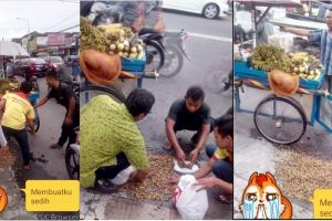 Ugal-ugalan, bus ini senggol gerobak pedagang kacang sampai tumpah!