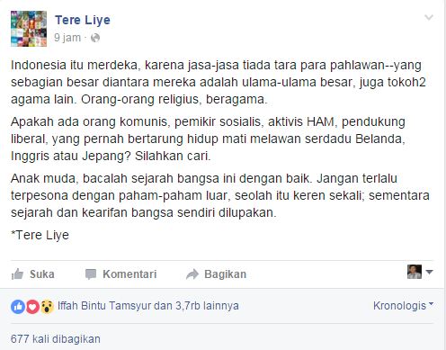 Tere Liye dibully akibat unggah status sejarah Indonesia, kok bisa?