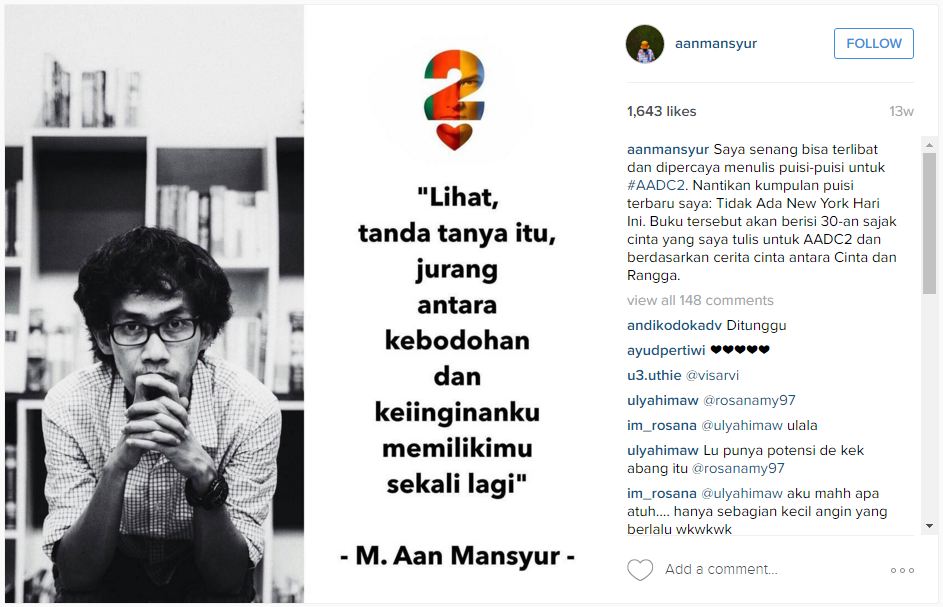 Kenalkan Aan Mansyur,  penulis puisi romantis Rangga 'AADC 2'