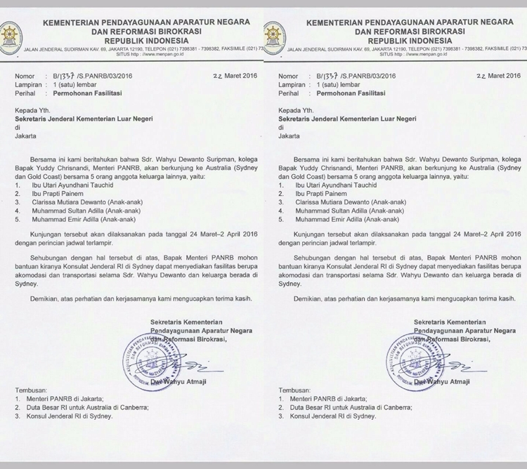 Surat permintaan fasilitas kolega Menteri Yuddy ini bikin geregetan