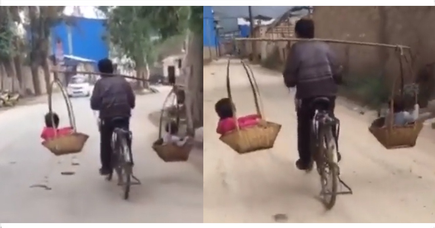 Hebatnya pria ini, pikul dua anak pakai keranjang sambil gowes sepeda