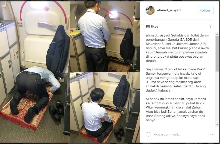 Foto kepala awak kabin salat di pesawat ini dibanjiri pujian netizen