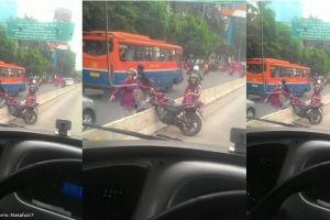 Aksi ibu-ibu naik motor di jalur Transjakarta ini bikin tepuk jidat