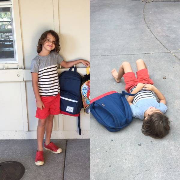 18 Foto ekspresi kocak bocah sebelum vs sesudah hari pertama sekolah