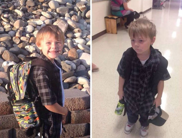 18 Foto ekspresi kocak bocah sebelum vs sesudah hari pertama sekolah