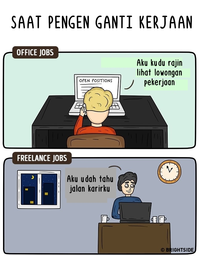 15 Ilustrasi perbedaan pekerja kantoran vs lepas, nampol abis