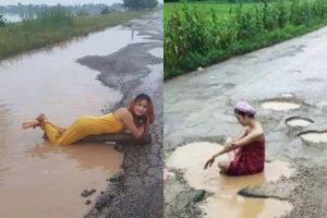 Protes pemerintah, wanita ini mandi dengan air keruh di lubang jalan