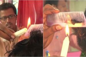 Gokil, tukang cukur ini pakai api lilin untuk memotong rambut