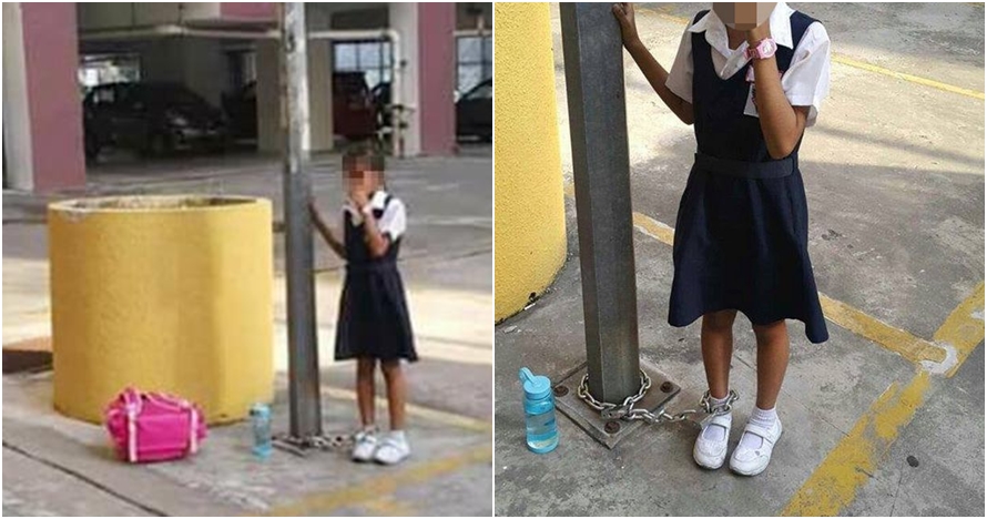 Bolos sekolah, anak perempuan ini dirantai ibunya di tiang lampu 