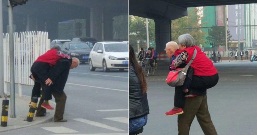 Foto kakek gendong istrinya menyebrang jalan ini bikin netizen terharu