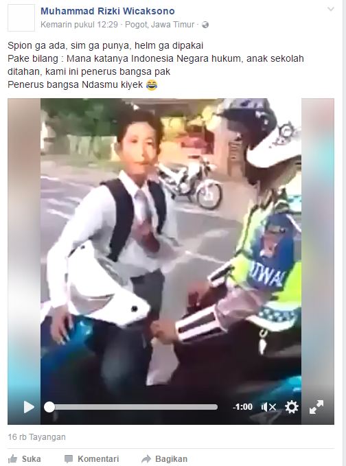 pelajar ditilang polisi © 2016 Facebook Muhammad Rizki Wicaksono