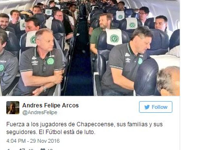 Pesawat yang bawa tim sepak bola Brasil Chapecoense jatuh di Kolombia 