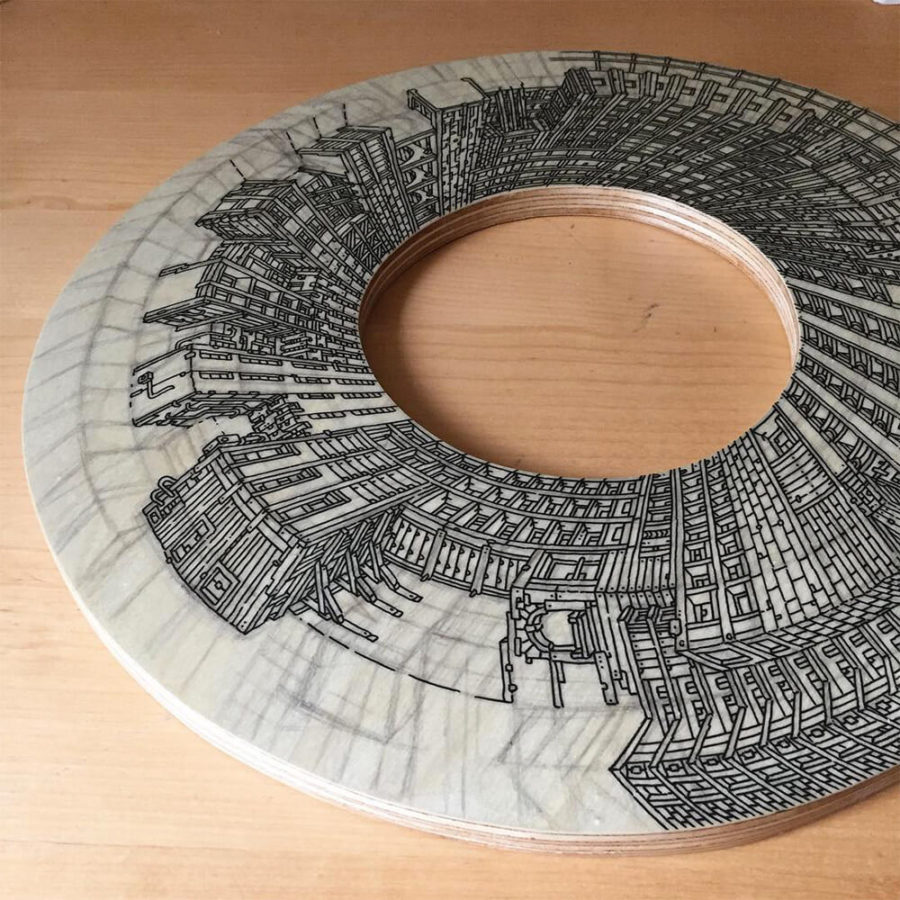 lukisan tangan bergambar bangunan di kayu © 2016 hifructose