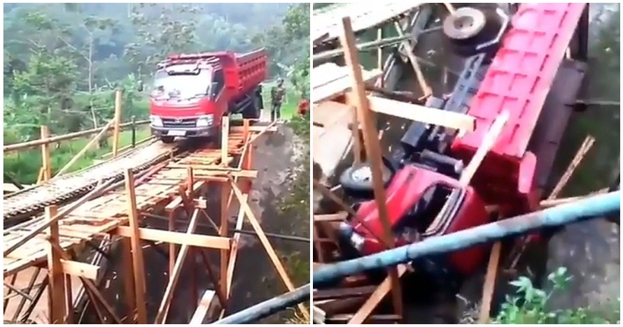Aksi ngawur sopir paksa truk lintasi jembatan kayu ini berakhir tragis