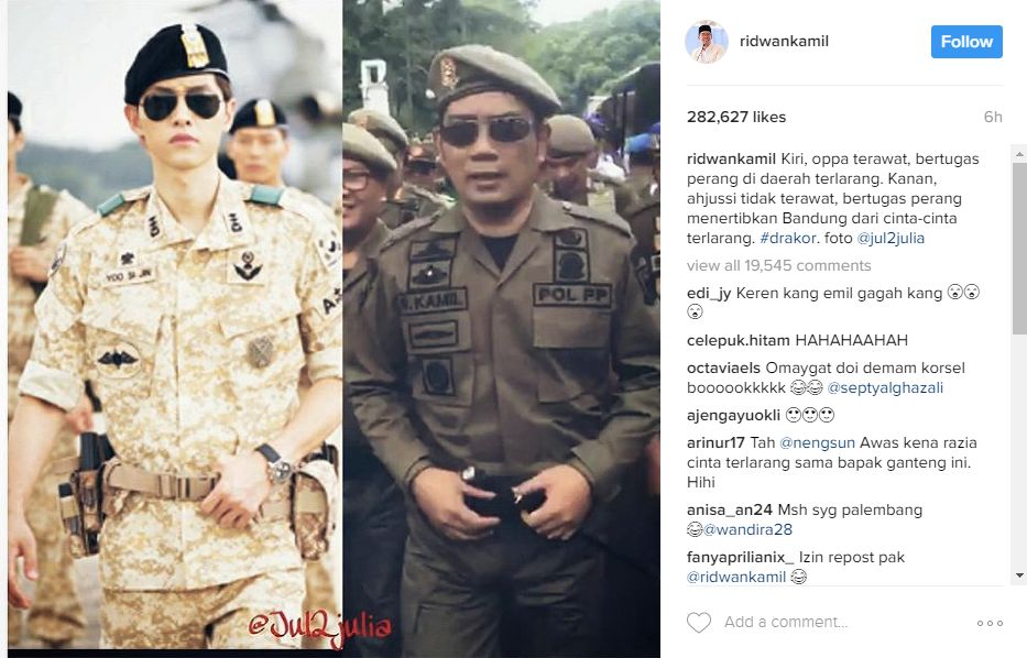 Pakai seragam satpol PP, Ridwan Kamil disebut mirip Song Joong-ki
