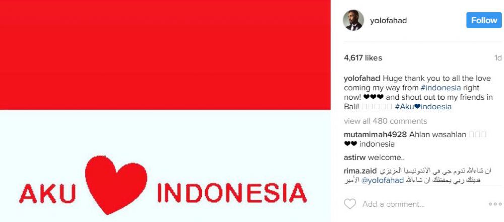 pangeran arab ini ungkapkan rasa cintanya ke indonesia © 2017 instagram