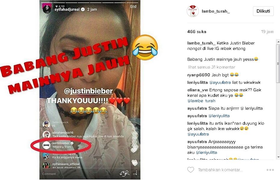 Live Instagram, artis cantik Indonesia curi perhatian Justin Bieber