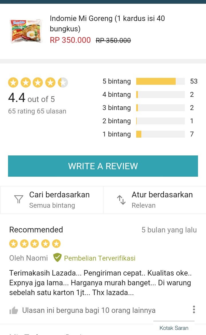 Seller di Lazada jual Indomie harga Rp 350 ribu, review-nya kocak abis
