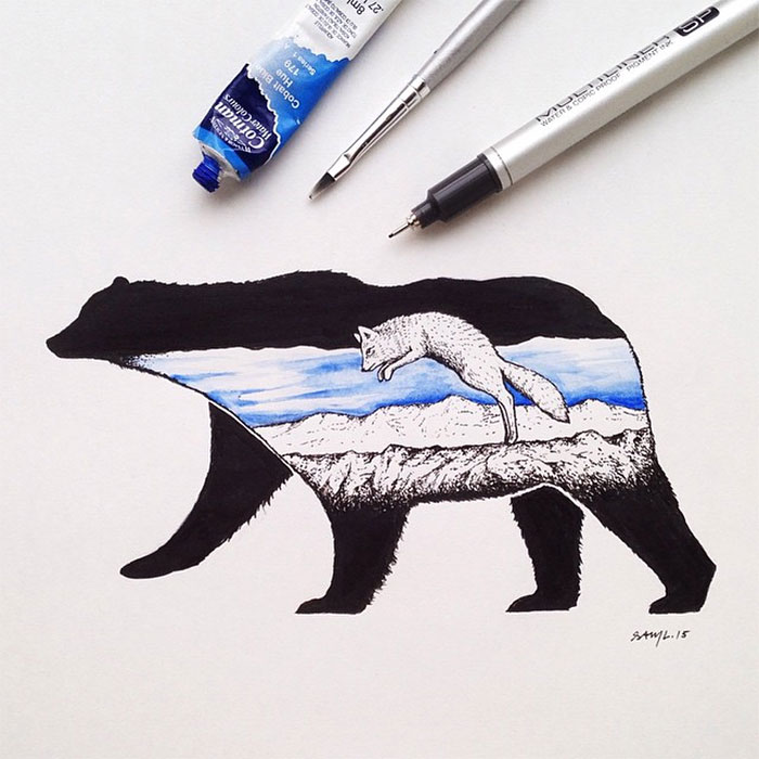 12 Ilustrasi paduan hewan & alam berbahan tinta, simpel tapi amazing