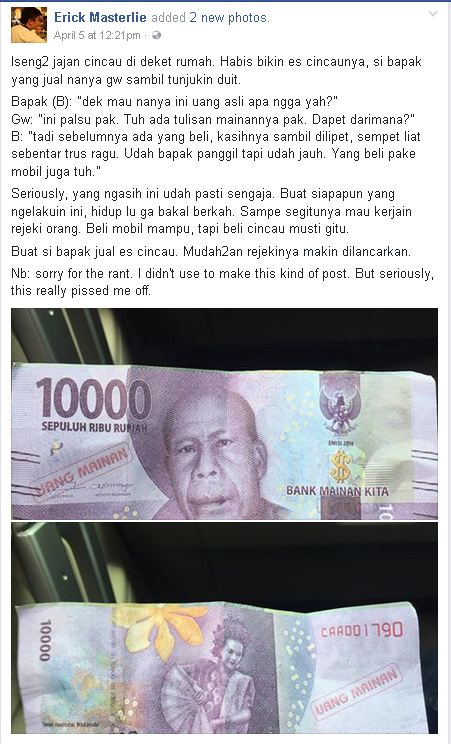 Penjual cincau ini kena tipu uang palsu dari pembeli bermobil, duh!