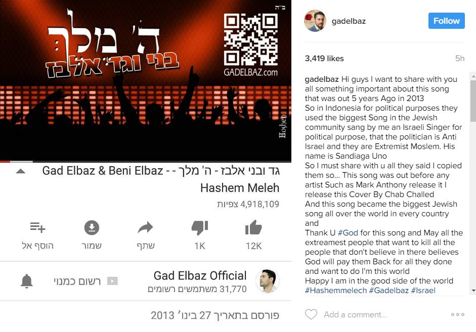 Penyanyi Yahudi Gad Elbaz buka suara soal lagu kampanye Anies-Sandi