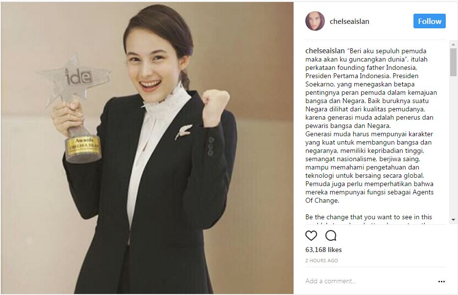 Chelsea Islan raih penghargaan Innovative Young Leader, top banget deh