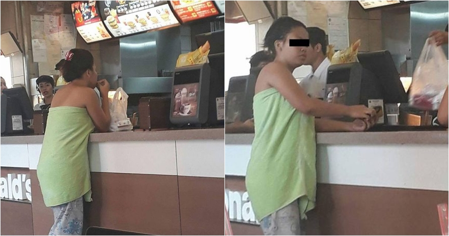 Hanya berbalut handuk, wanita ini pesan makanan di restoran cepat saji