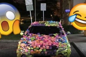 Parkir sembarangan, mobil ini ditempeli sticky note warna-warni